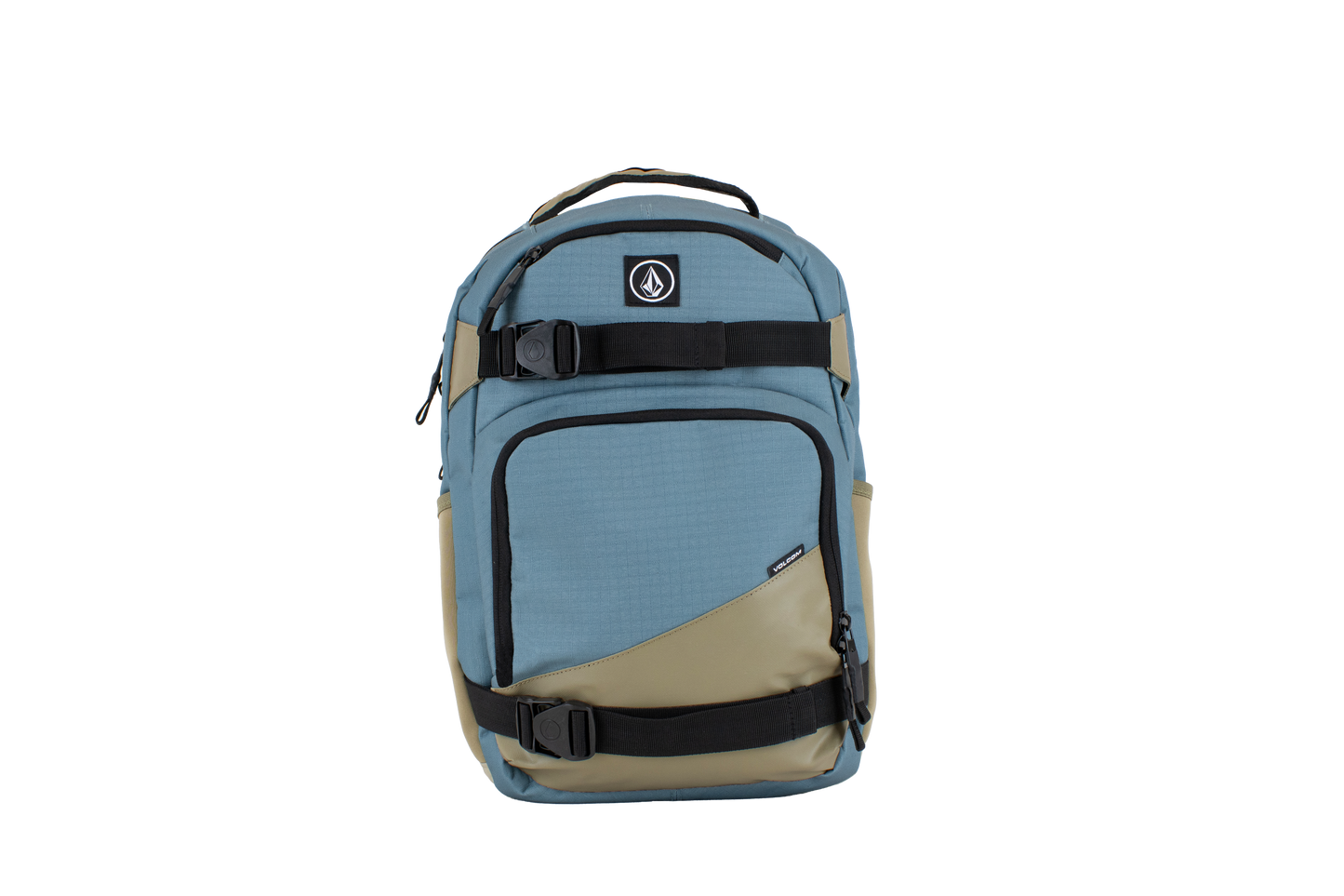 The Volcom Men's Grindstone Skate Backpack features a blue and khaki design with black straps and buckles, a small logo on the upper front, a top handle, ergonomic shoulder straps for comfortable carrying, and multiple compartments including a padded laptop sleeve.