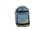 The Volcom Men's Grindstone Skate Backpack features a blue and khaki design with black straps and buckles, a small logo on the upper front, a top handle, ergonomic shoulder straps for comfortable carrying, and multiple compartments including a padded laptop sleeve.
