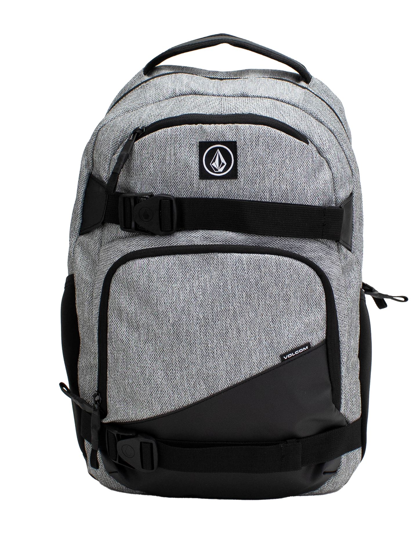 A Volcom Men's Grindstone Skate Backpack in gray and black, featuring two front zippered pockets, black adjustable straps with buckles, a padded laptop sleeve, and a top handle, displayed against a plain white background.