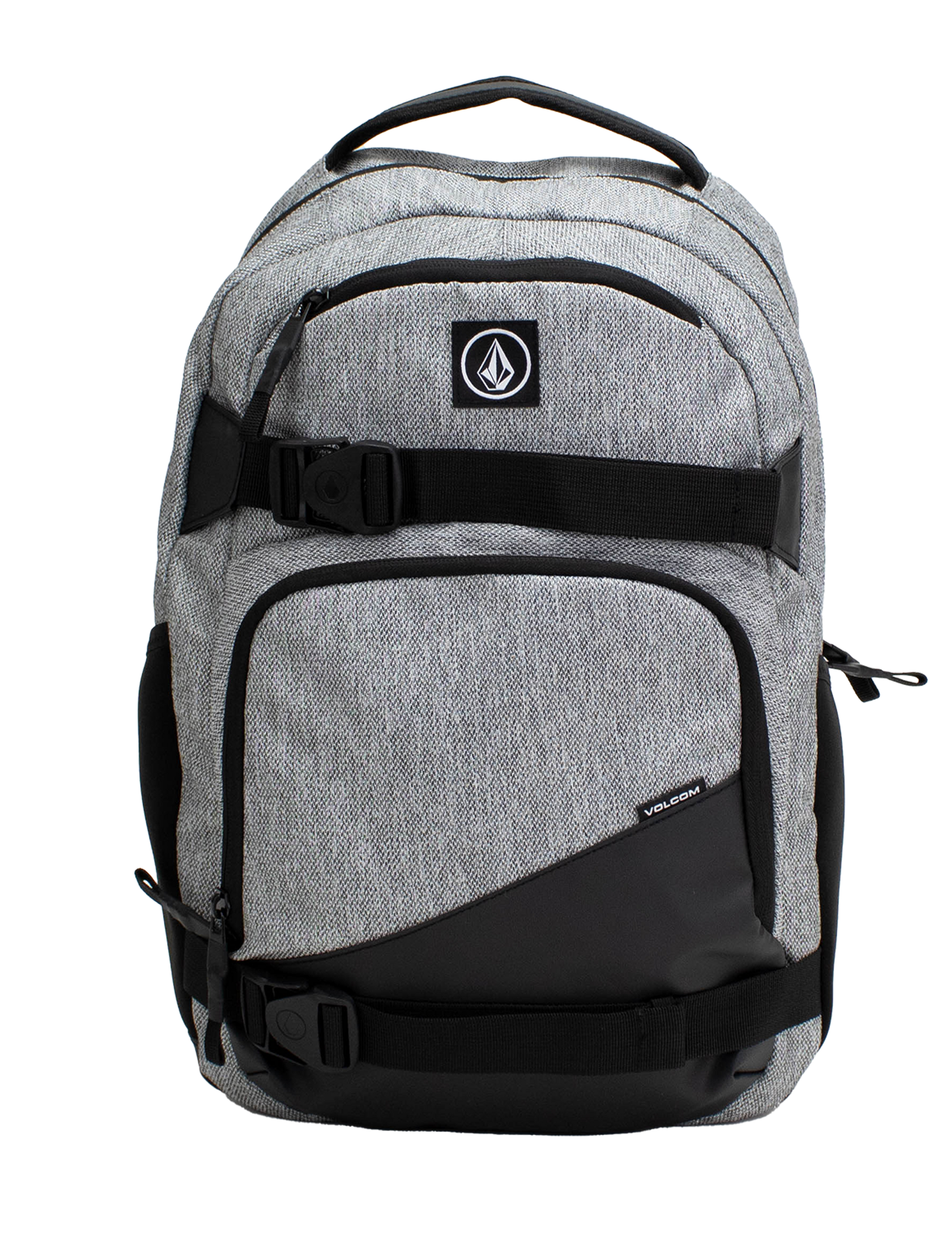 A Volcom Men's Grindstone Skate Backpack in gray and black, featuring two front zippered pockets, black adjustable straps with buckles, a padded laptop sleeve, and a top handle, displayed against a plain white background.