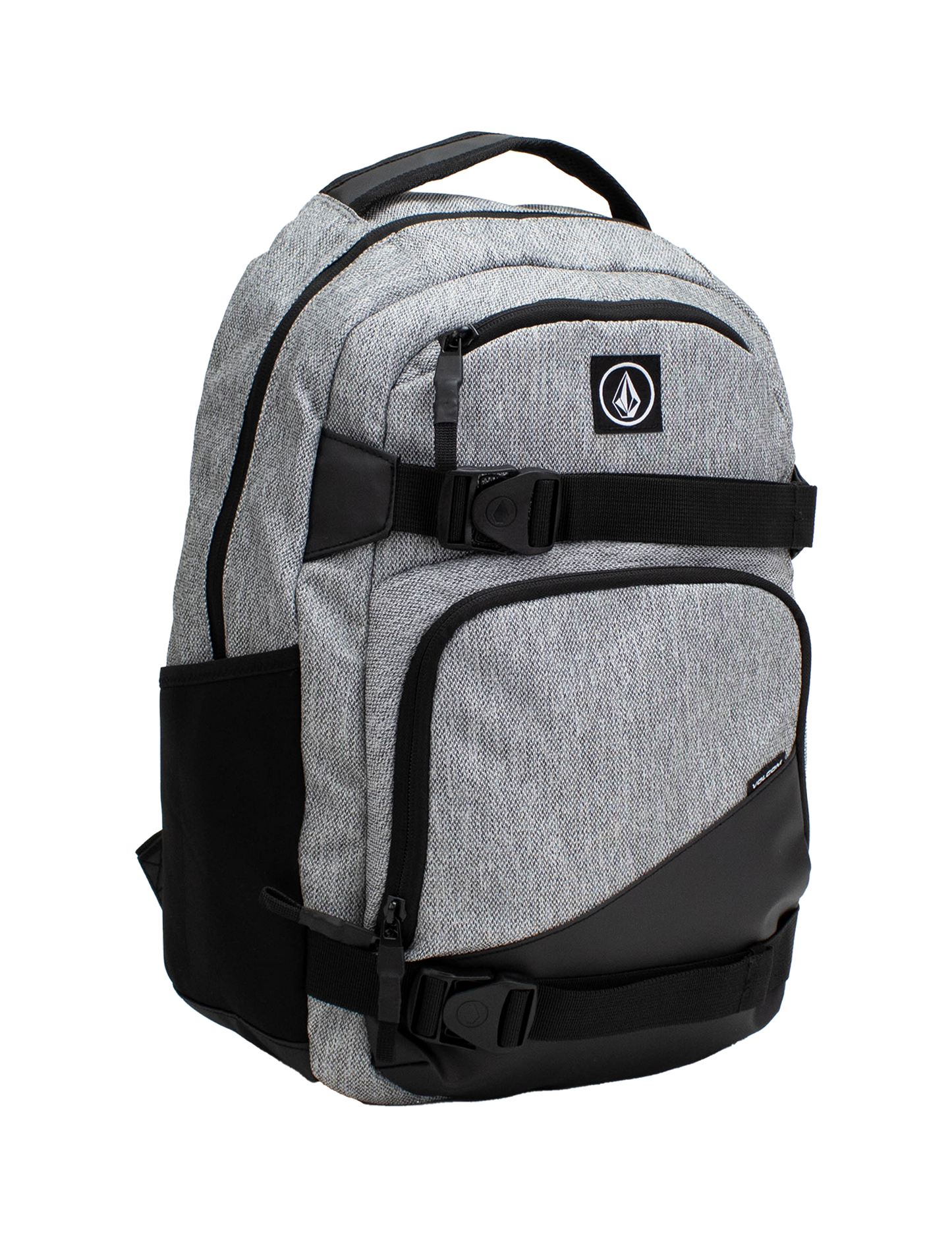 Volcom Men's Grindstone Skate Backpack in gray and black features multiple zippered compartments, side pockets, and a top handle. This backpack includes a logo patch on the front, adjustable straps, and a padded laptop sleeve for added convenience.