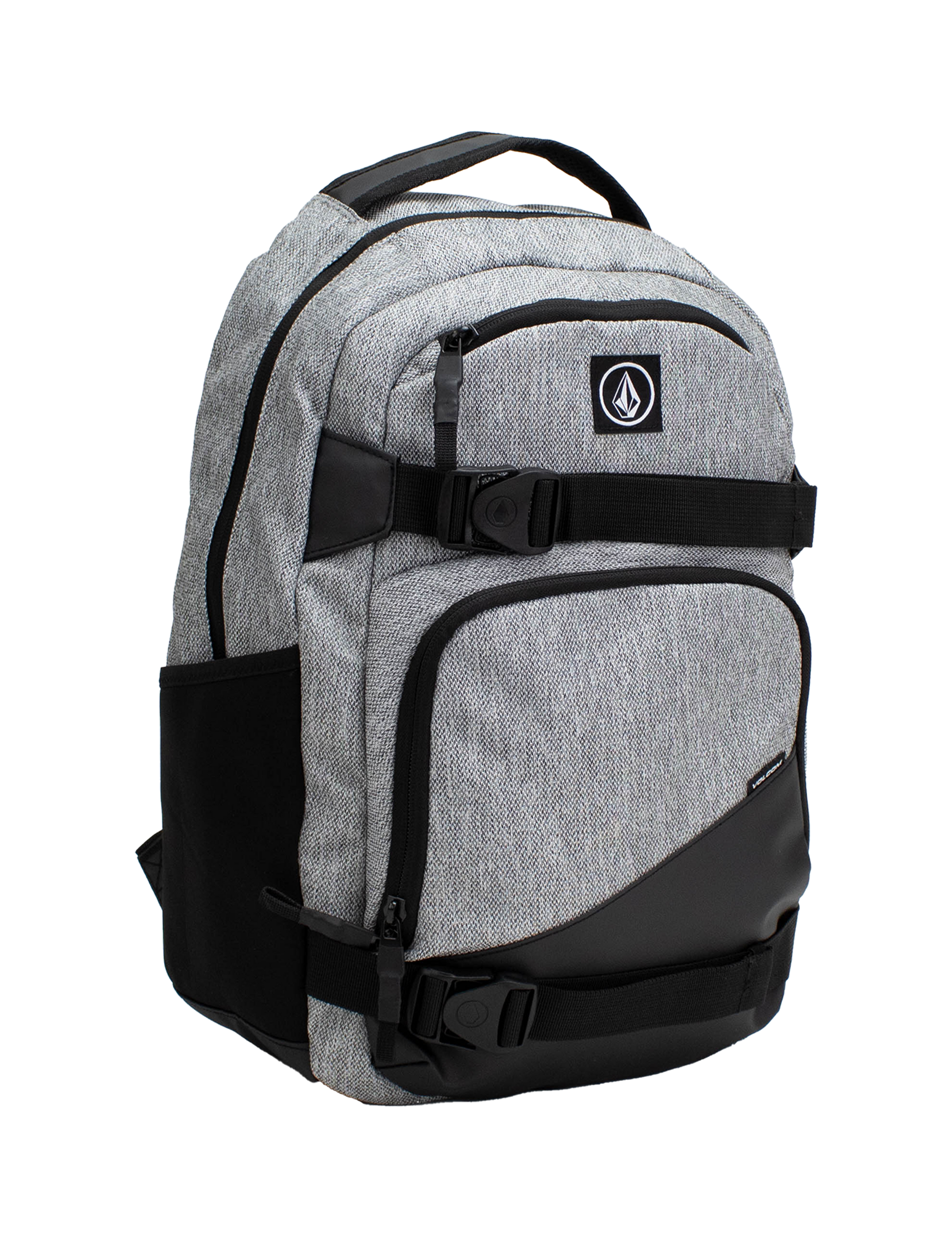 Volcom Men's Grindstone Skate Backpack in gray and black features multiple zippered compartments, side pockets, and a top handle. This backpack includes a logo patch on the front, adjustable straps, and a padded laptop sleeve for added convenience.
