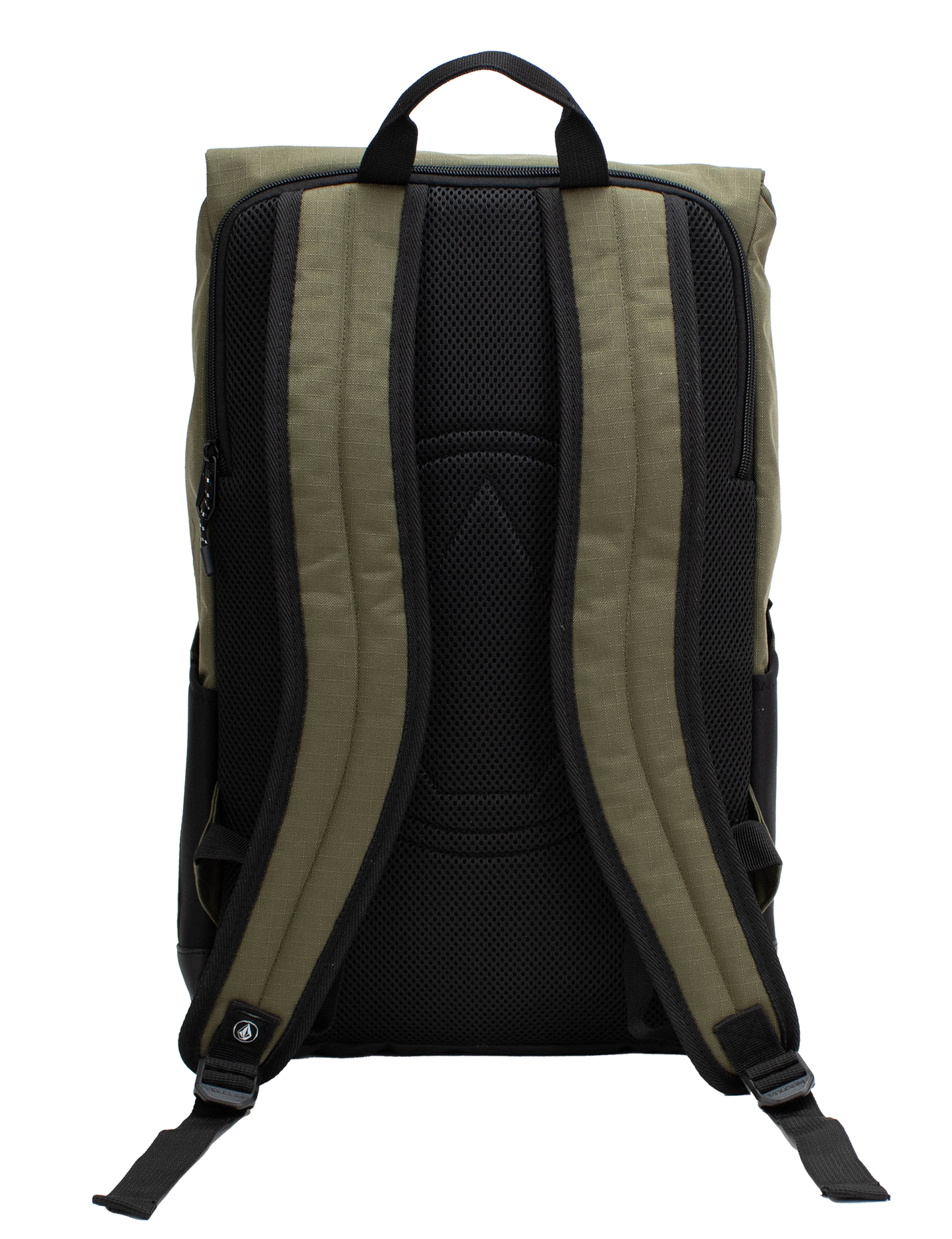 A khaki and black Volcom Men's Charter Ruck Backpack is shown from the back, featuring two padded shoulder straps and a top handle against a white background—ideal as a sleek workwear backpack or laptop rucksack for your daily commute.