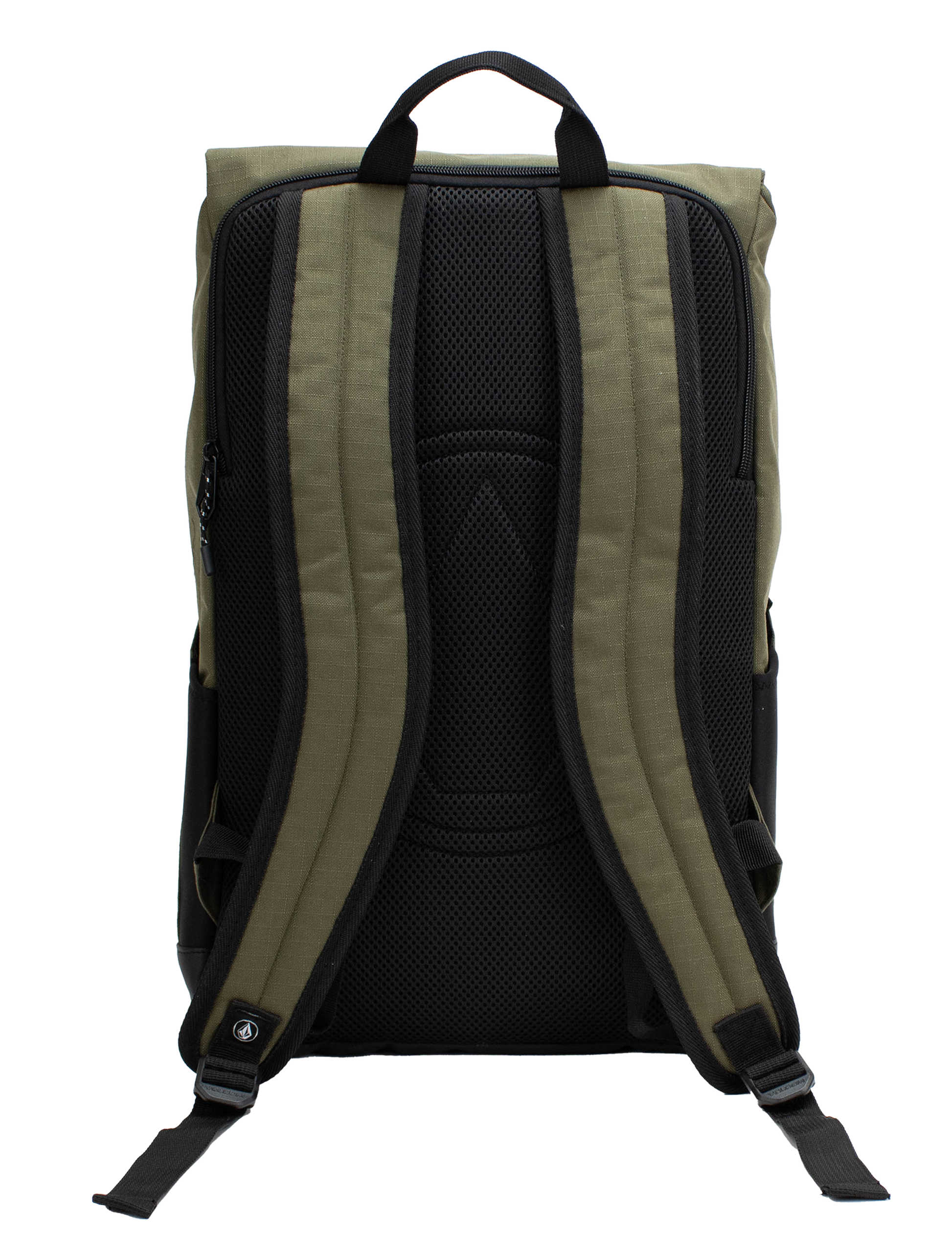 A khaki and black Volcom Men's Charter Ruck Backpack is shown from the back, featuring two padded shoulder straps and a top handle against a white background—ideal as a sleek workwear backpack or laptop rucksack for your daily commute.