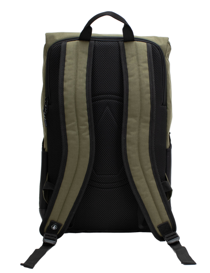 A khaki and black Volcom Men's Charter Ruck Backpack is shown from the back, featuring two padded shoulder straps and a top handle against a white background—ideal as a sleek workwear backpack or laptop rucksack for your daily commute.