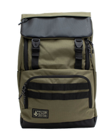 The Volcom Men's Charter Ruck Backpack in olive green and black features a top flap with two front buckles, a zippered front pocket, and a label patch at the bottom. This workwear-inspired backpack is designed with black straps and zipper pulls, offering a sturdy rectangular shape that’s perfect for everyday use or securely carrying your laptop.