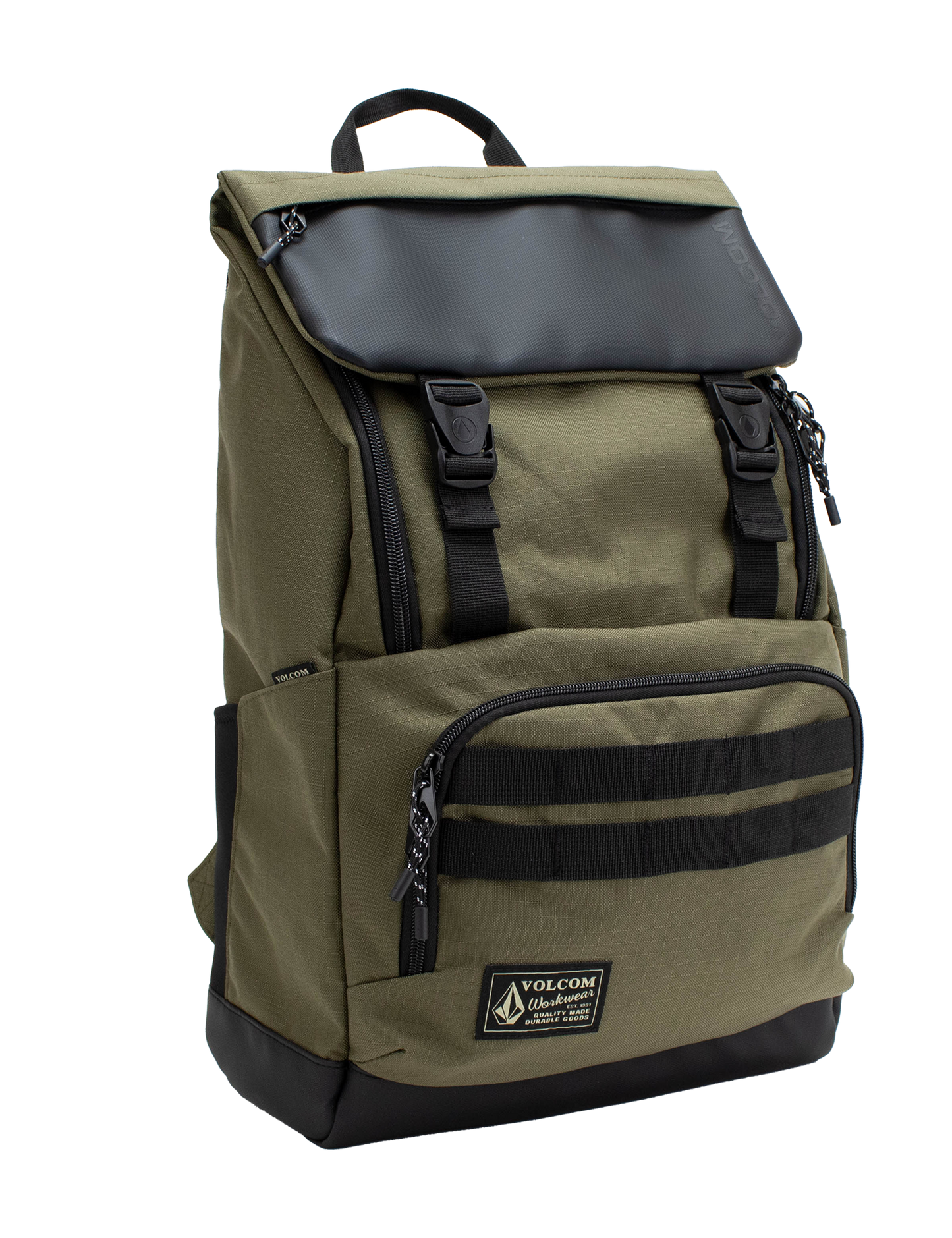 Men’s Charter Ruck Backpack by Volcom in olive green features a black flap, top handle, front zip pocket, and patch label. This workwear-inspired backpack has black straps, side pockets, and a rectangular silhouette shown against a white background.