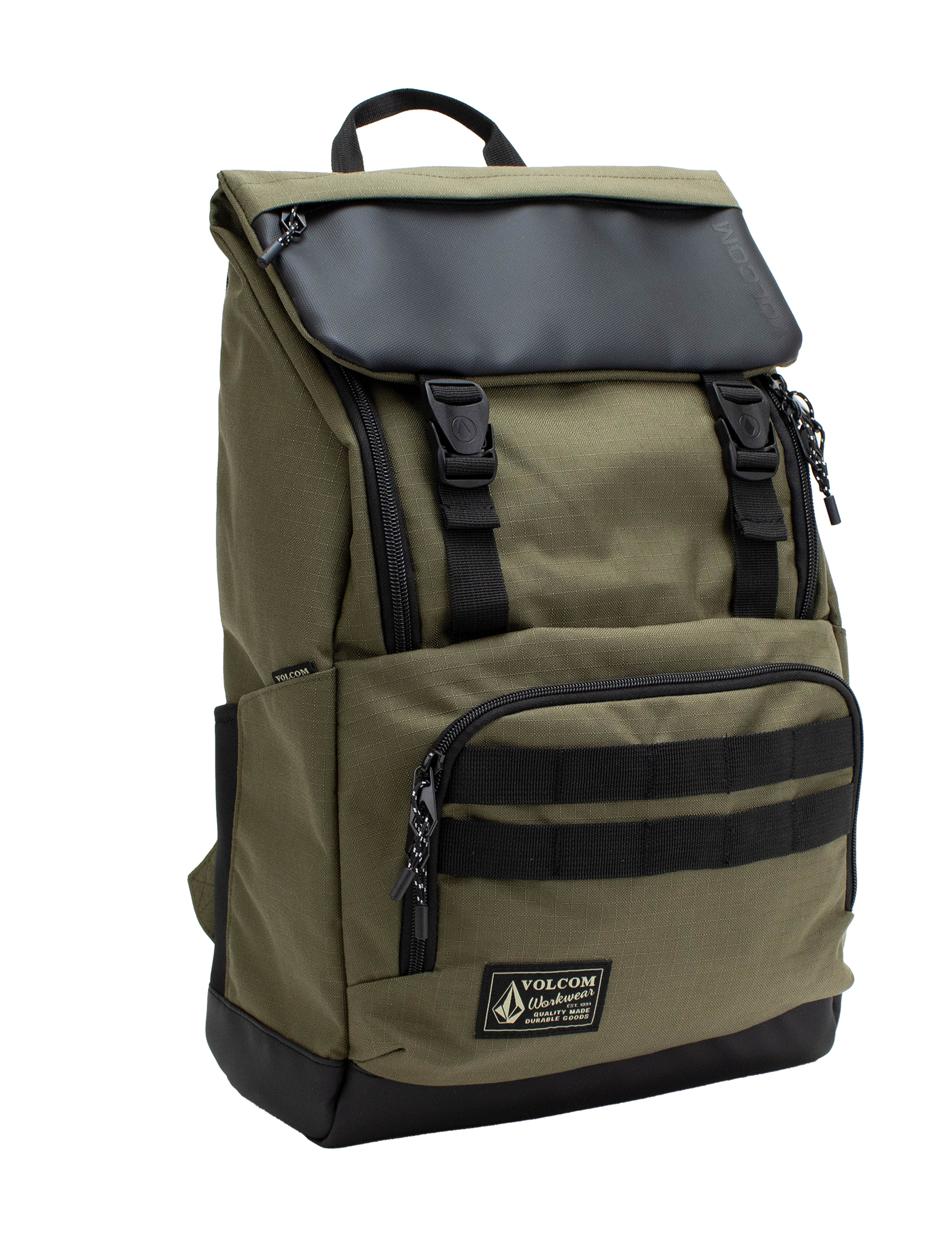 Men’s Charter Ruck Backpack by Volcom in olive green features a black flap, top handle, front zip pocket, and patch label. This workwear-inspired backpack has black straps, side pockets, and a rectangular silhouette shown against a white background.