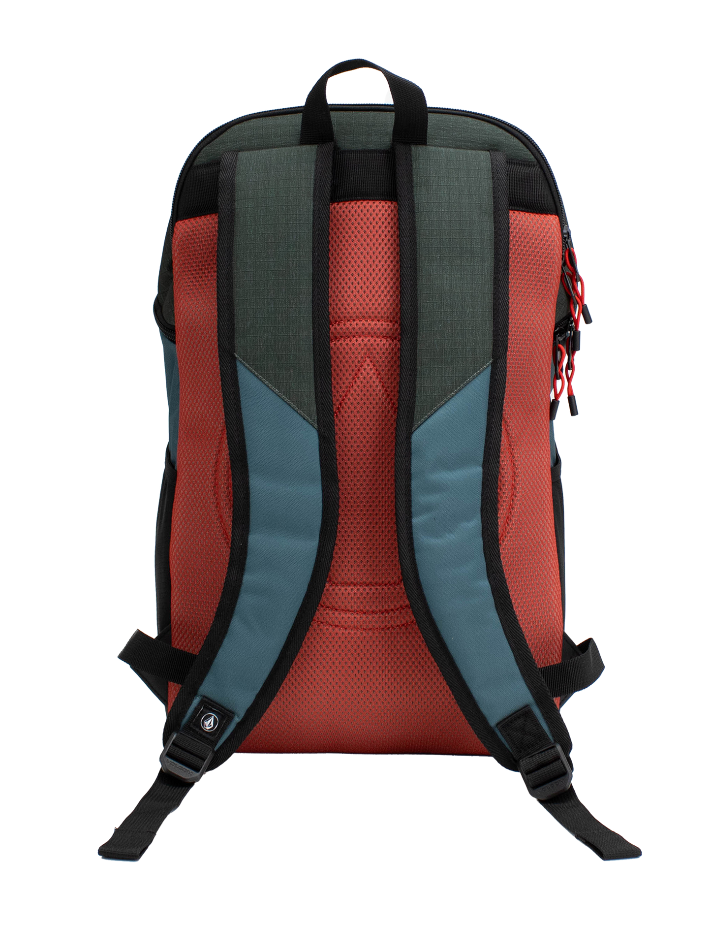 The Volcom Men's Slam School Backpack is displayed from the back, featuring red padded straps, teal blue side panels, and a black top handle. The zippers are accented with red pull tabs. Designed for functionality, this backpack includes a spacious main compartment and a padded laptop sleeve to keep essentials organized and protected.
