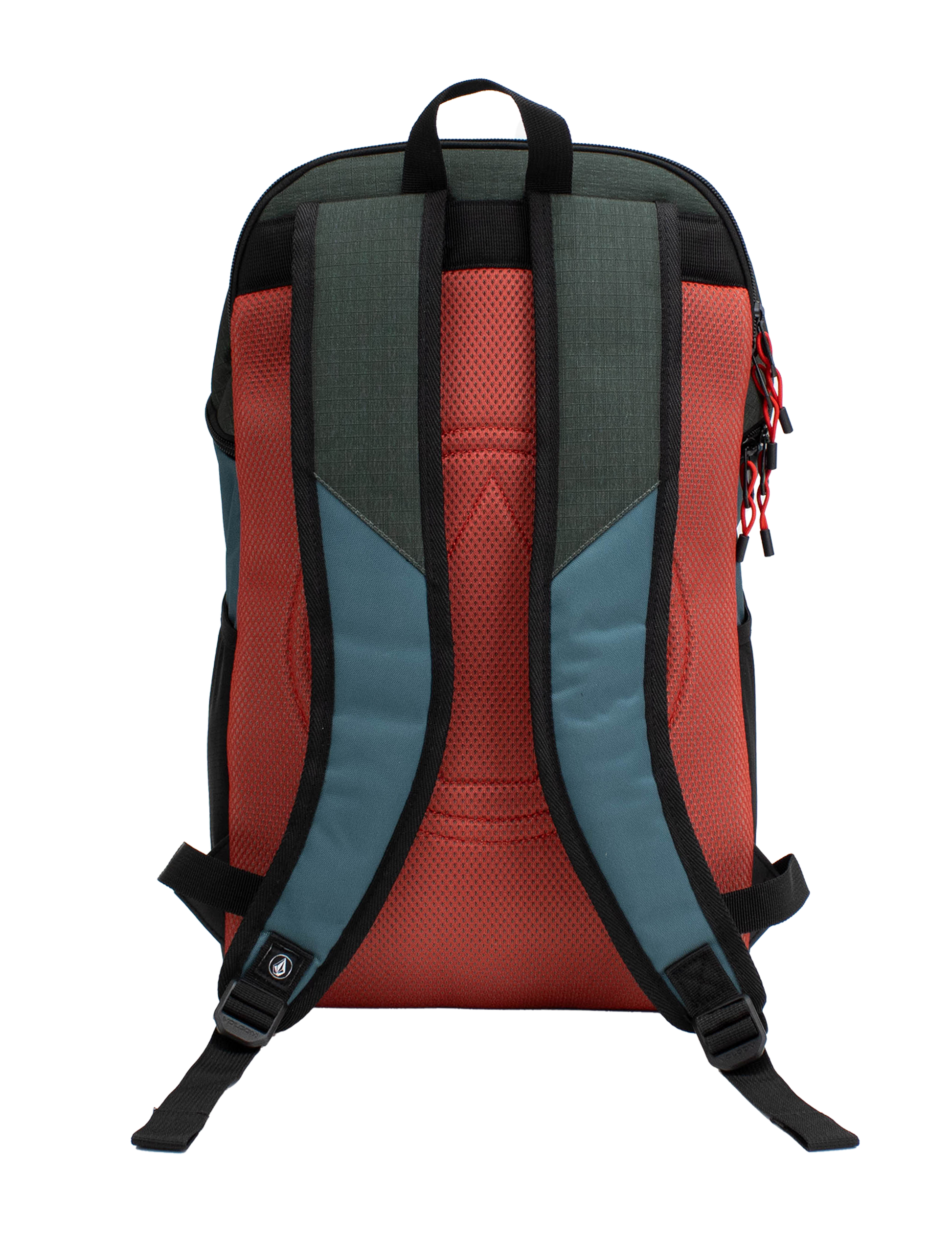 The Volcom Men's Slam School Backpack is displayed from the back, featuring red padded straps, teal blue side panels, and a black top handle. The zippers are accented with red pull tabs. Designed for functionality, this backpack includes a spacious main compartment and a padded laptop sleeve to keep essentials organized and protected.