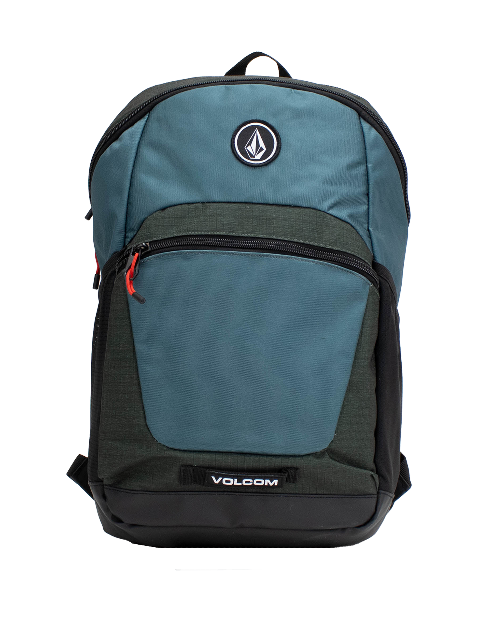 Introducing the Volcom Men's Slam School Backpack in blue and dark green, featuring a spacious main compartment, front zip pocket with a red zipper pull, and a black Volcom logo patch on the upper front. The bottom showcases a white Volcom logo, while the interior includes a padded laptop sleeve for enhanced protection.