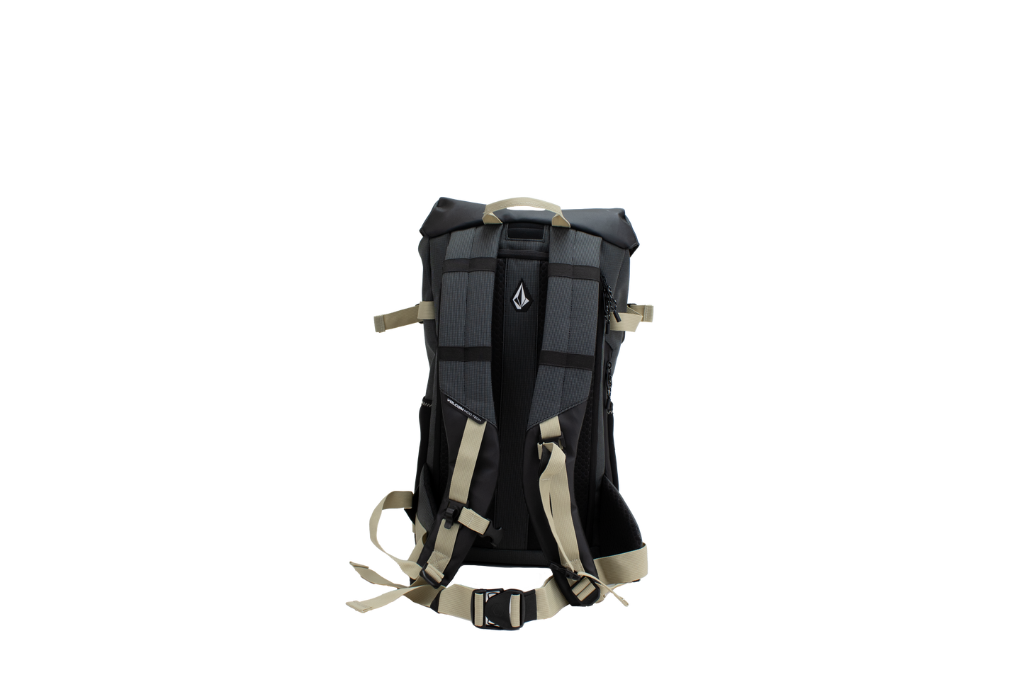 The Volcom Men's Peakstone Mountain Backpack, shown here in black and gray with tan straps and buckles against a plain white background, is a durable daypack featuring padded shoulder straps and a chest strap for added support.