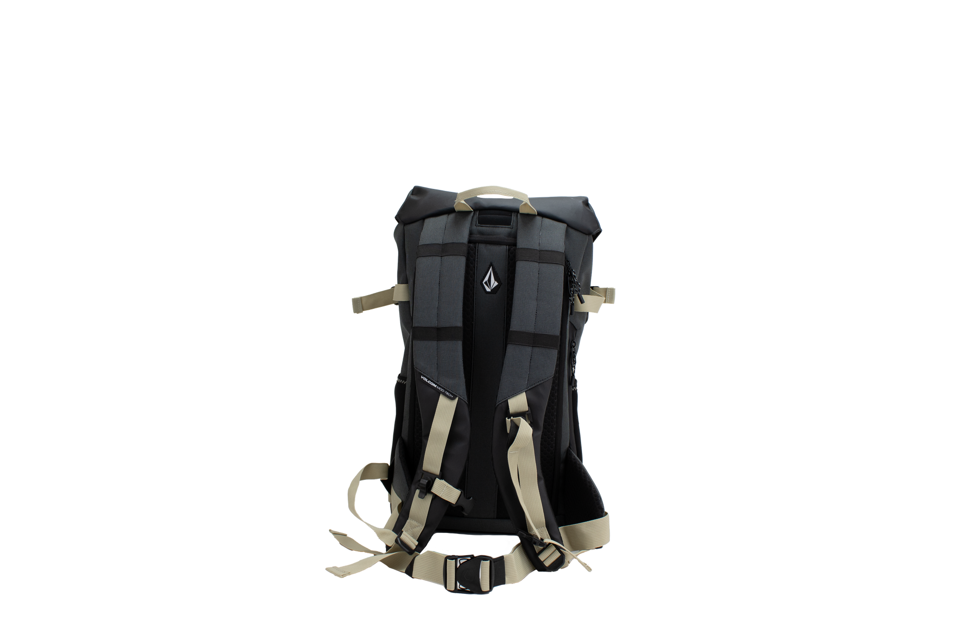 The Volcom Men's Peakstone Mountain Backpack, shown here in black and gray with tan straps and buckles against a plain white background, is a durable daypack featuring padded shoulder straps and a chest strap for added support.