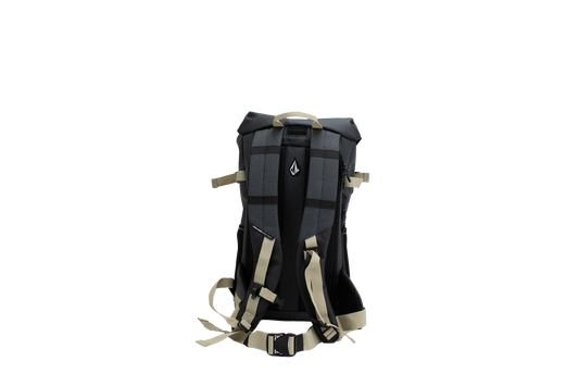 The Volcom Men's Peakstone Mountain Backpack, shown here in black and gray with tan straps and buckles against a plain white background, is a durable daypack featuring padded shoulder straps and a chest strap for added support.