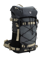 The Volcom Men's Peakstone Mountain Backpack is a durable gray and black daypack featuring beige straps, side pockets, a front bungee cord, and a top handle, shown against a white background.