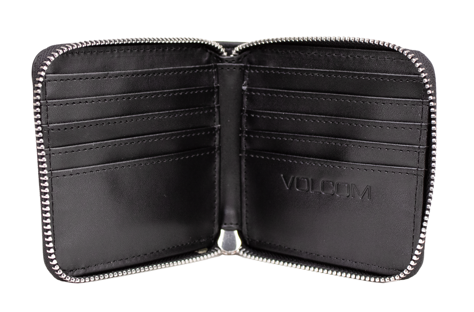 Here’s the rewritten sentence using your product data: Open Women's Studette Wallet by Volcom in black leather, featuring a zipper closure, eight card slots, and "VOLCOM" embossed on the inside right panel. This compact wallet is shown empty against a white background.