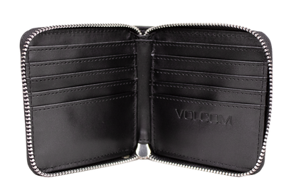 Here’s the rewritten sentence using your product data: Open Women's Studette Wallet by Volcom in black leather, featuring a zipper closure, eight card slots, and "VOLCOM" embossed on the inside right panel. This compact wallet is shown empty against a white background.