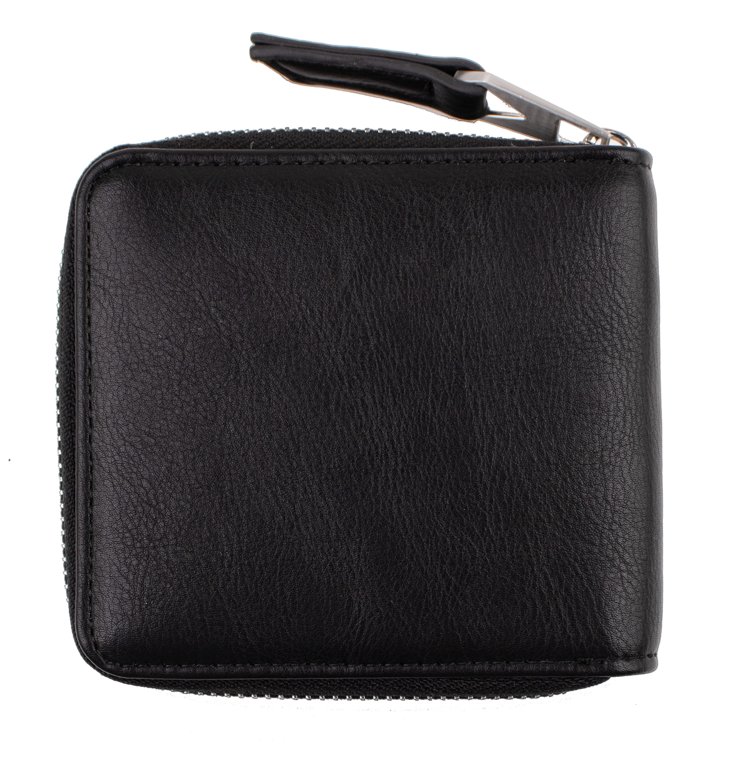 A black leather Women's Studette Wallet by Volcom with a zip closure, photographed closed against a plain white background. The compact wallet has a simple, smooth texture and appears brand new.
