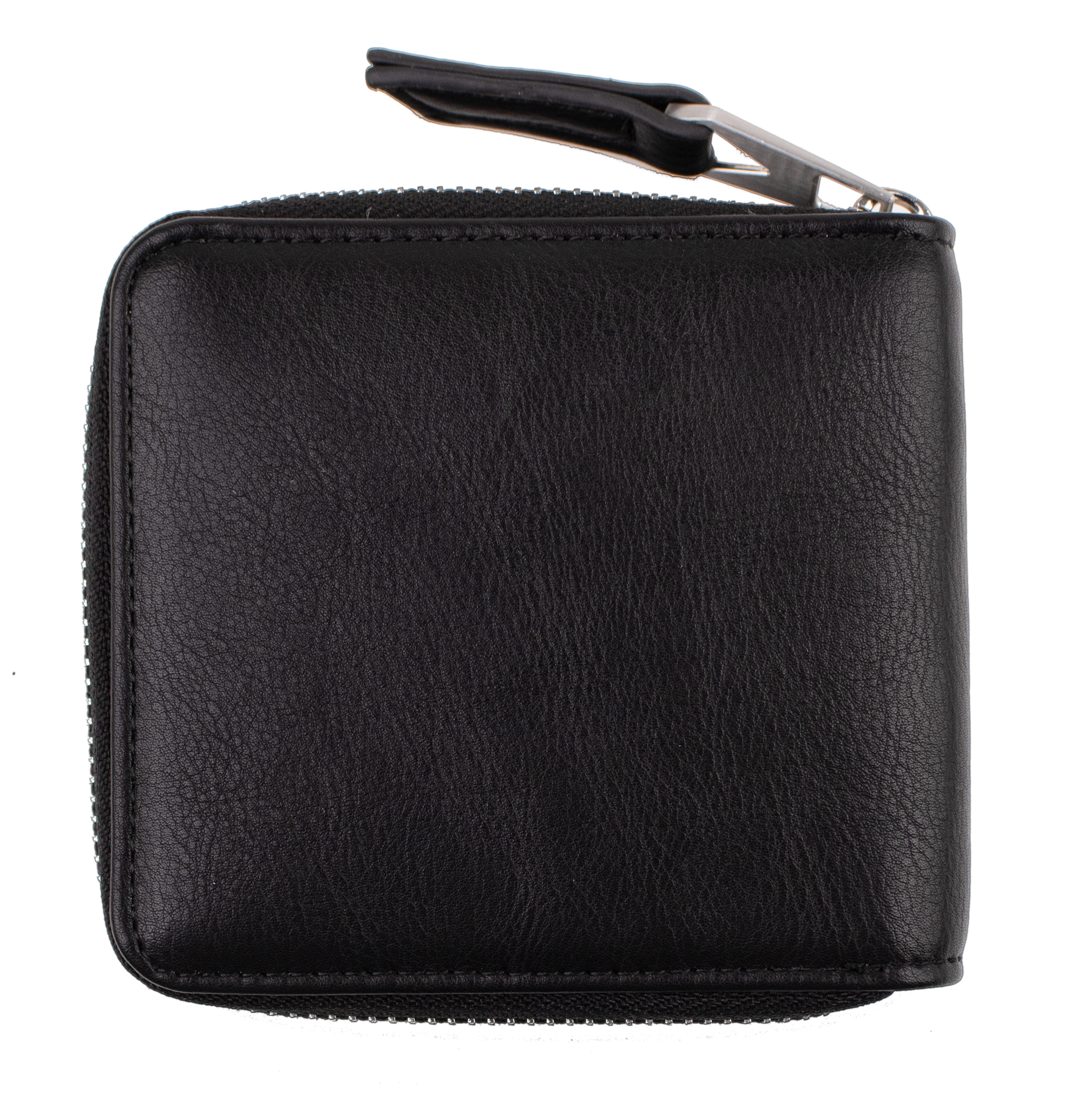 A black leather Women's Studette Wallet by Volcom with a zip closure, photographed closed against a plain white background. The compact wallet has a simple, smooth texture and appears brand new.