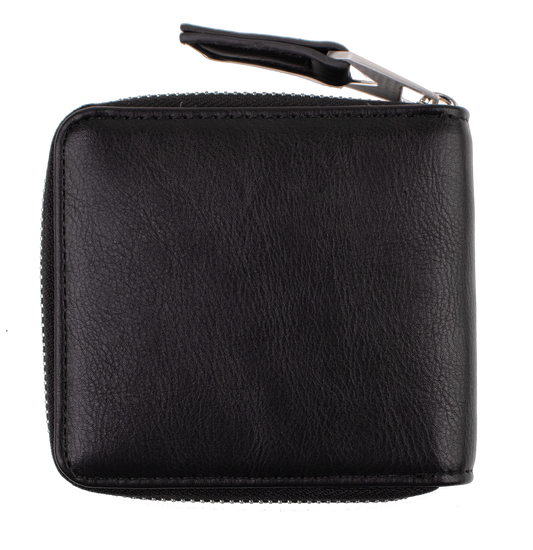 A black leather Women's Studette Wallet by Volcom with a zip closure, photographed closed against a plain white background. The compact wallet has a simple, smooth texture and appears brand new.
