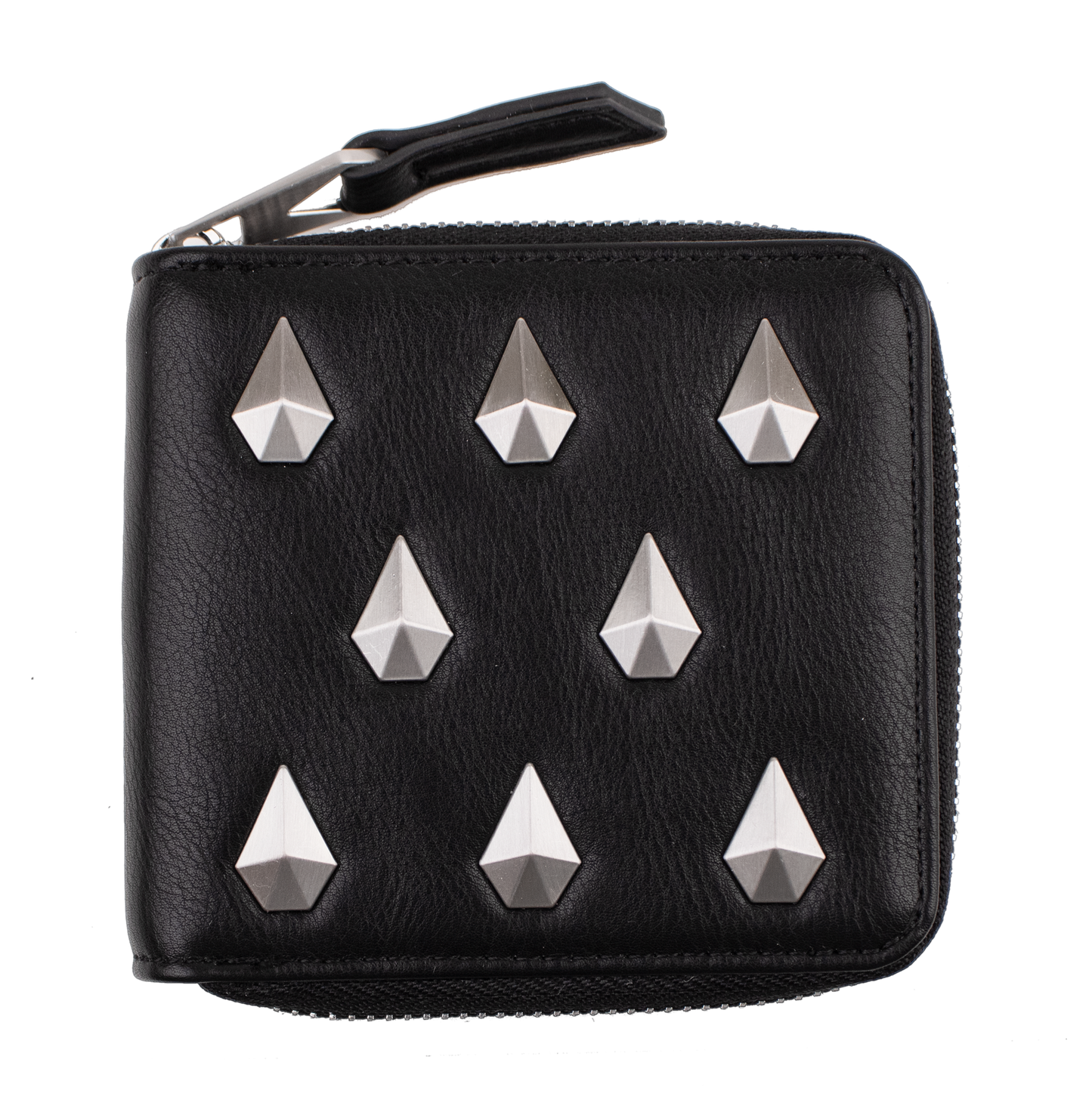 Introducing the Volcom Women's Studette Wallet: a sleek black leather compact wallet with a secure zipper closure and nine striking silver pyramid studs arranged in three bold rows on the front.