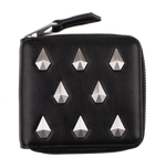 Introducing the Volcom Women's Studette Wallet: a sleek black leather compact wallet with a secure zipper closure and nine striking silver pyramid studs arranged in three bold rows on the front.