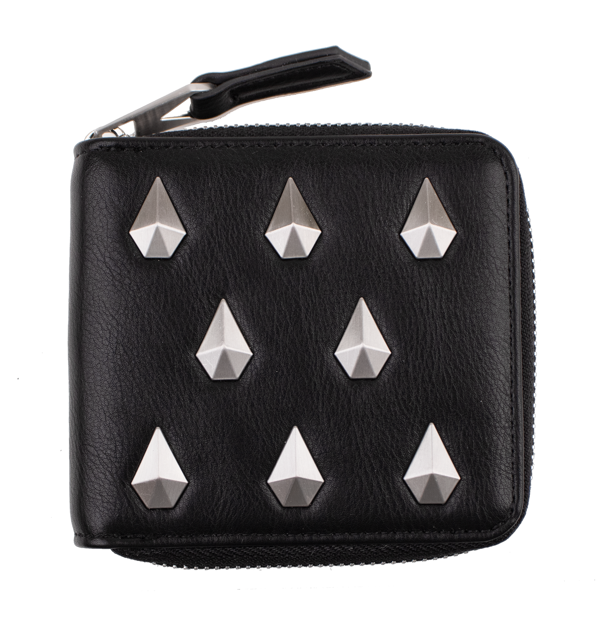 Introducing the Volcom Women's Studette Wallet: a sleek black leather compact wallet with a secure zipper closure and nine striking silver pyramid studs arranged in three bold rows on the front.