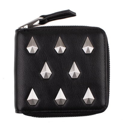 Introducing the Volcom Women's Studette Wallet: a sleek black leather compact wallet with a secure zipper closure and nine striking silver pyramid studs arranged in three bold rows on the front.
