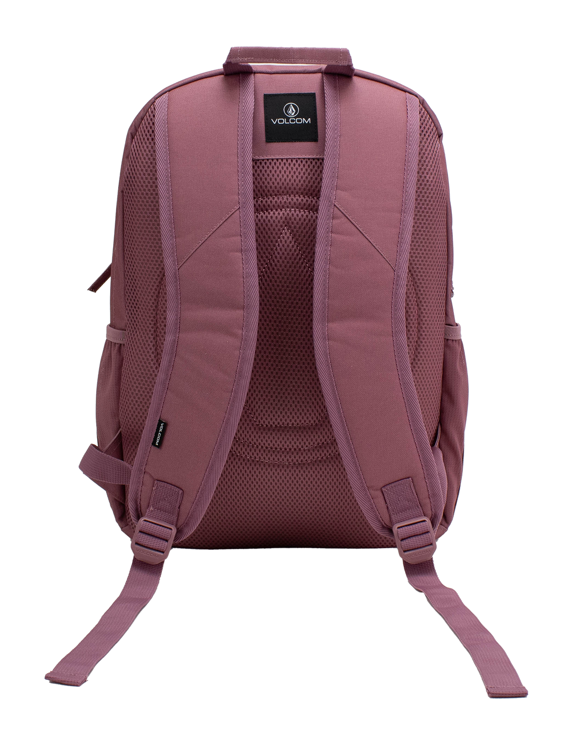 The Volcom Women's Study Buddy Backpackq in mauve is displayed from the back against a white background, highlighting its padded shoulder straps, mesh back panel, interior padded laptop sleeve, and adjustable bottom straps.