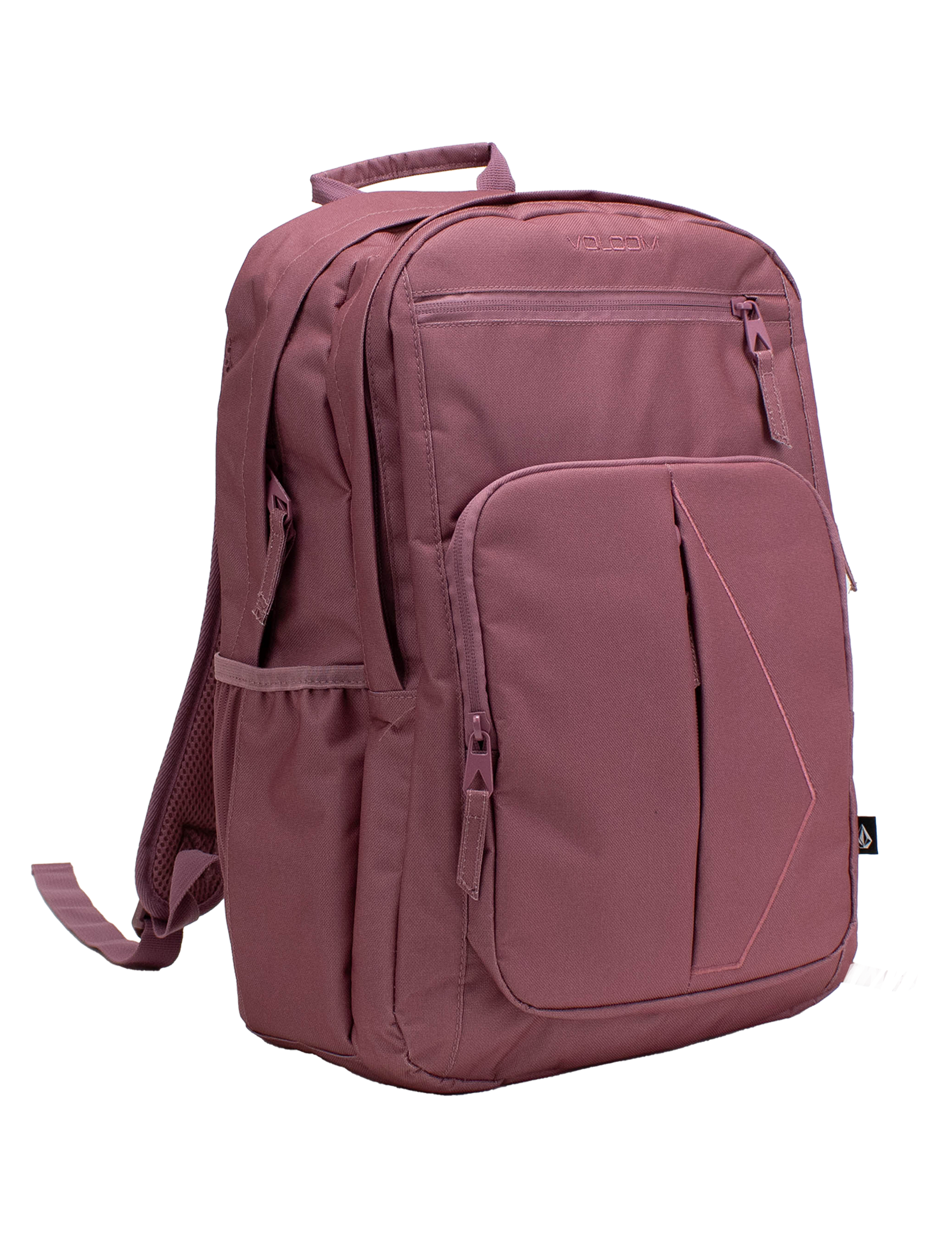 A mauve Volcom Women's Study Buddy Backpackq featuring multiple zippered compartments, a padded laptop sleeve, a side pocket, a front handle, and adjustable shoulder straps, displayed on a white background.