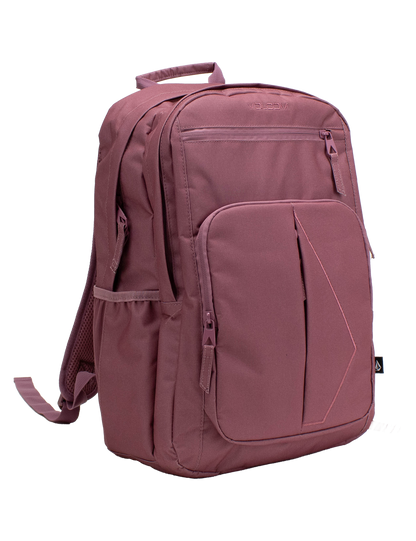 A mauve Volcom Women's Study Buddy Backpackq featuring multiple zippered compartments, a padded laptop sleeve, a side pocket, a front handle, and adjustable shoulder straps, displayed on a white background.