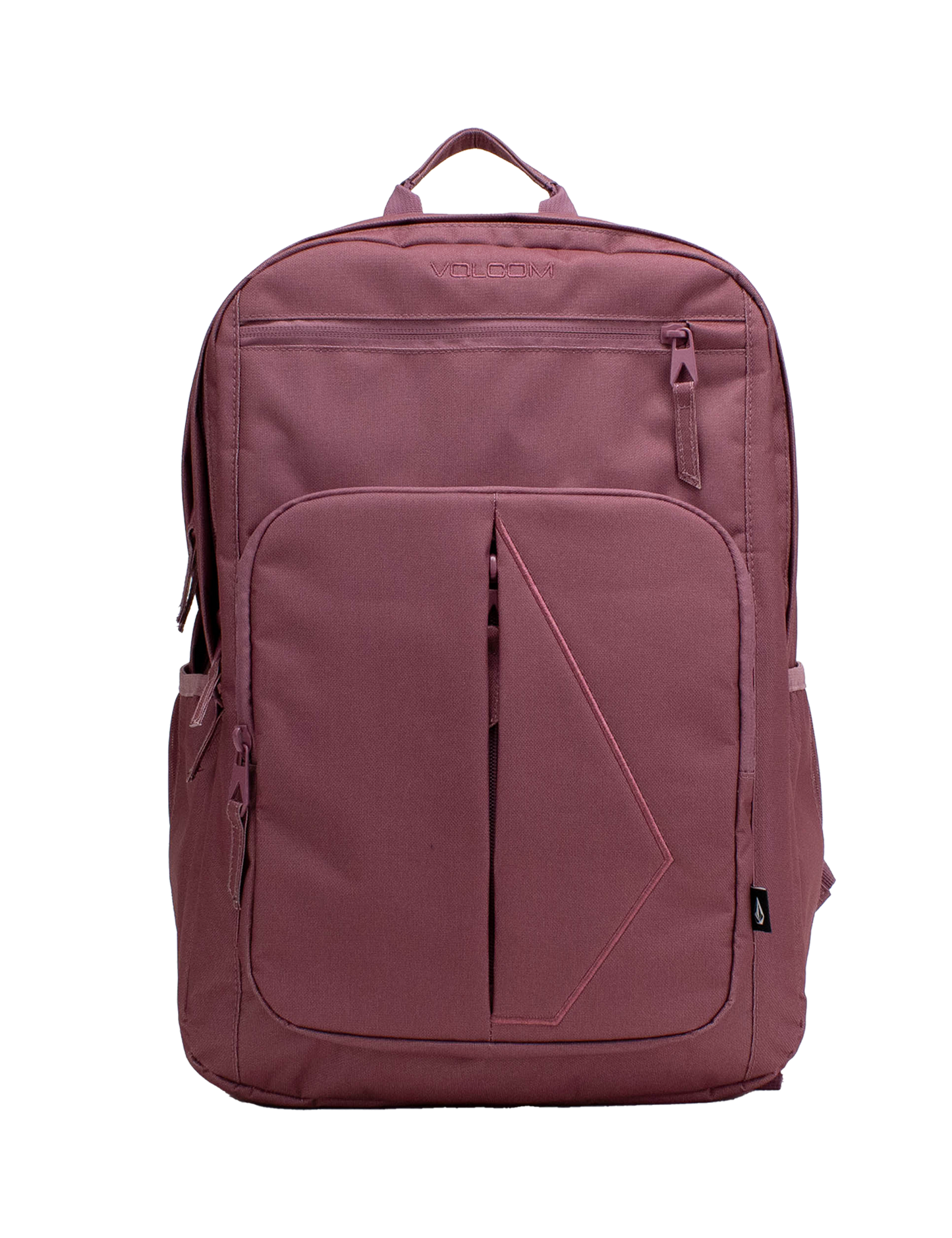 A Volcom Women’s Study Buddy Backpackq in mauve, featuring a geometric front pattern, front zipper pocket, side pockets, top handle, and a padded laptop sleeve for convenience. Shown on a plain white background.