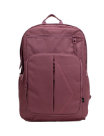 A Volcom Women’s Study Buddy Backpackq in mauve, featuring a geometric front pattern, front zipper pocket, side pockets, top handle, and a padded laptop sleeve for convenience. Shown on a plain white background.