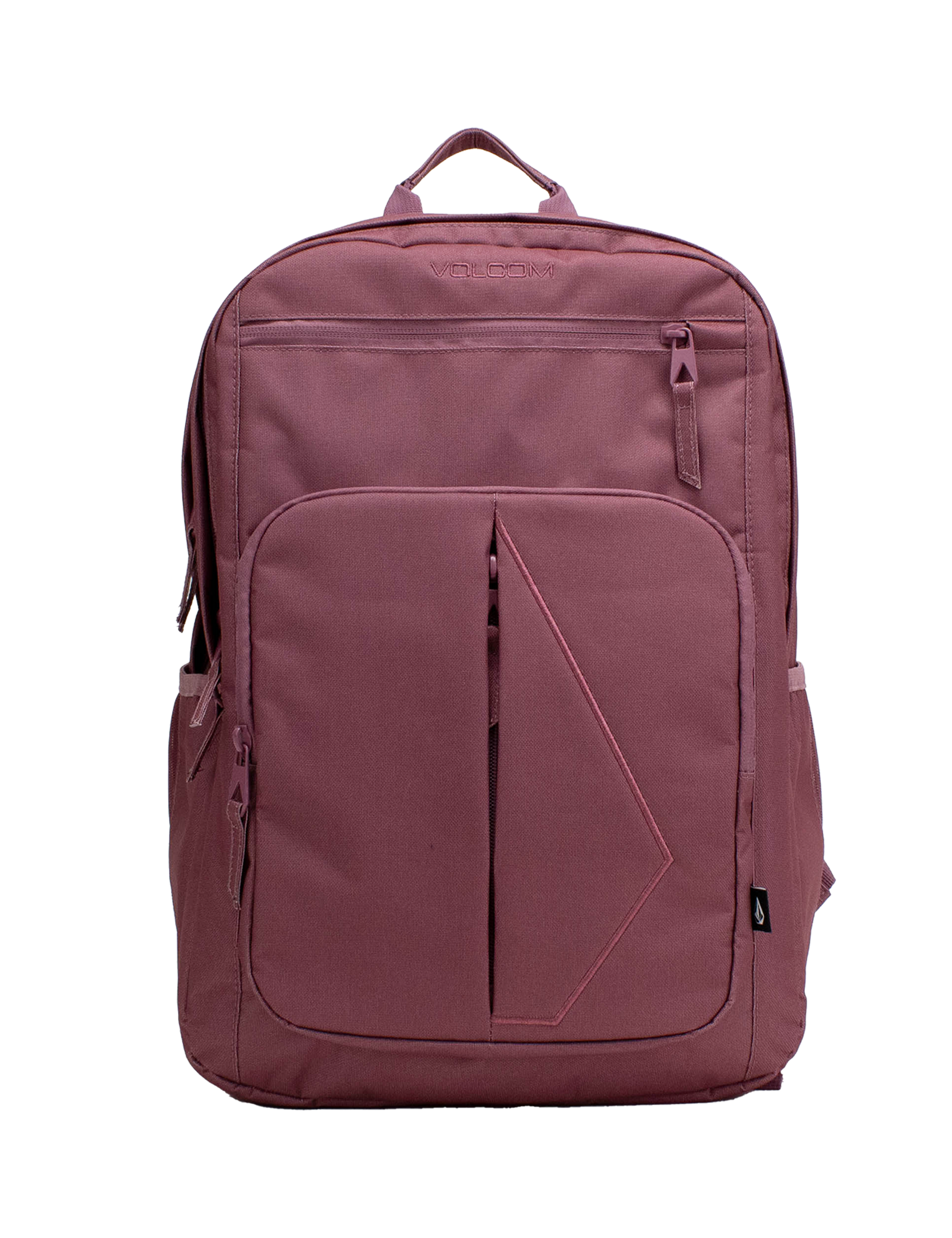 A Volcom Women’s Study Buddy Backpackq in mauve, featuring a geometric front pattern, front zipper pocket, side pockets, top handle, and a padded laptop sleeve for convenience. Shown on a plain white background.