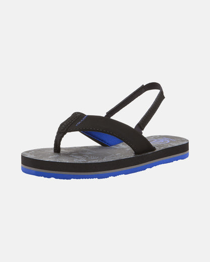The Volcom Kids' Victor 2 Little Youth sandal in black and blue features a thick sole, black straps with blue accents, a back strap, and Recliner Comfort Foam cushioning, shown against a plain white background.