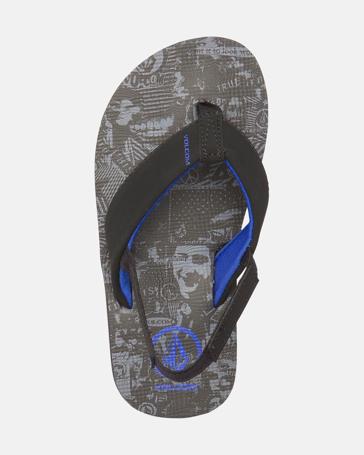 The Volcom Kids' Victor 2 Little Youth sandal features black straps, blue lining, a blue Volcom logo, and a gray patterned footbed with abstract designs. Recliner Comfort Foam ensures extra support. Black and gray colorway.
