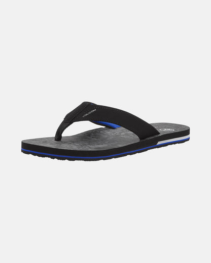 The Volcom Men's Victor Sandals feature a black design with a fabric thong strap, cushioned Recliner Comfort Foam sole, and blue edge accent. Water-friendly, they're shown on a plain white background.