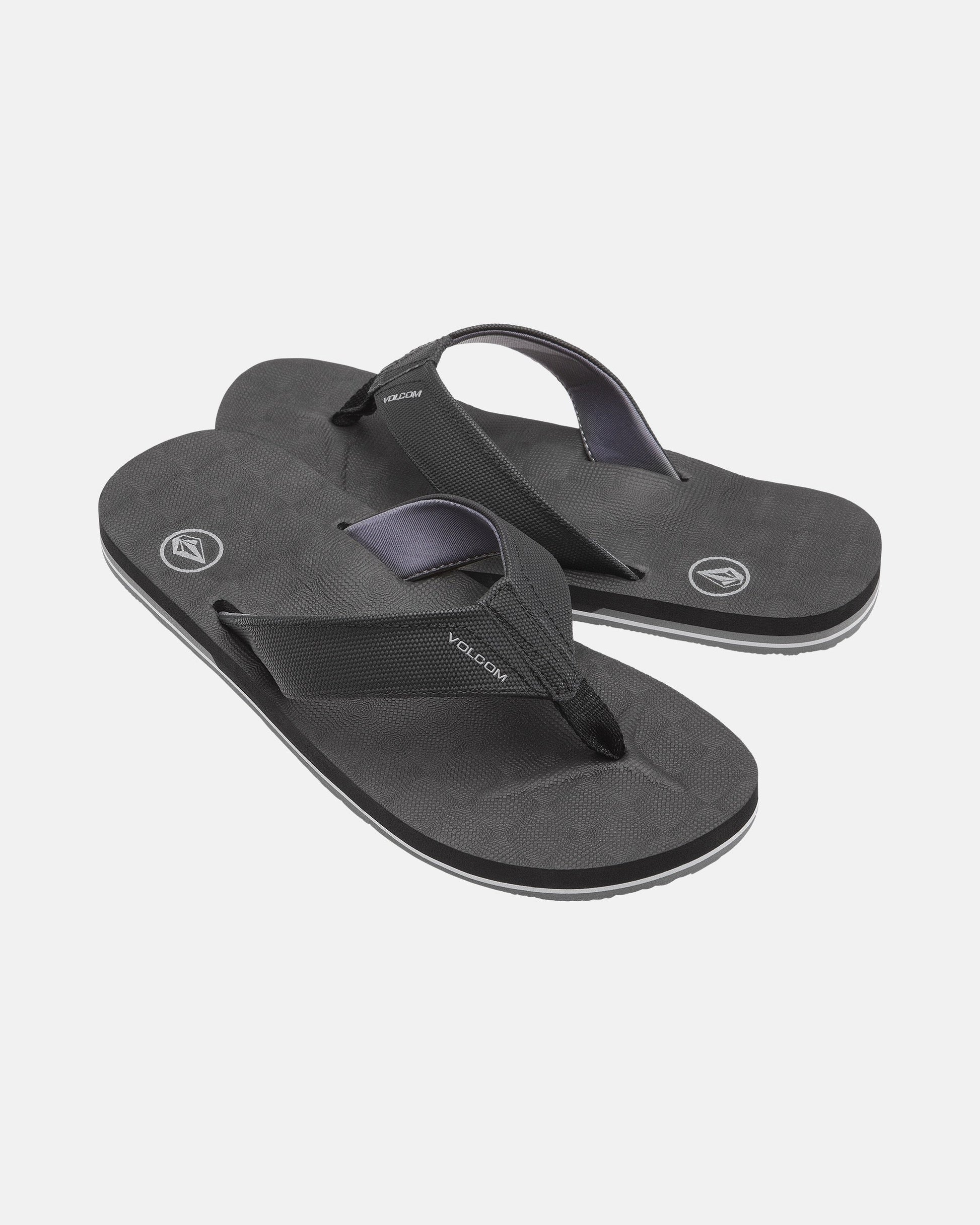 A pair of black Men's Victor Sandals by Volcom with textured soles, sturdy fabric straps, and Recliner Comfort Foam for support. These water-friendly sandals are shown on a plain white background.