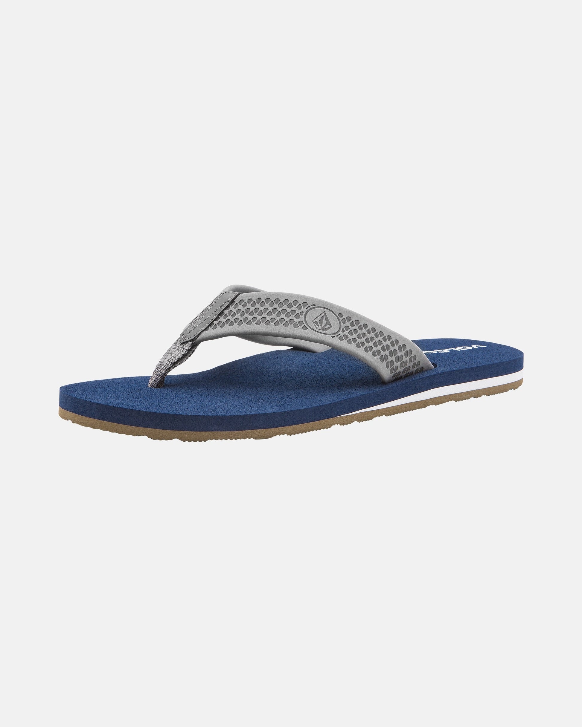 The Volcom Men's Daycation 2 sandal features a textured gray EVA strap, blue molded footbed, and flat sole with a brown rubber outsole for durability, shown individually on a white background.