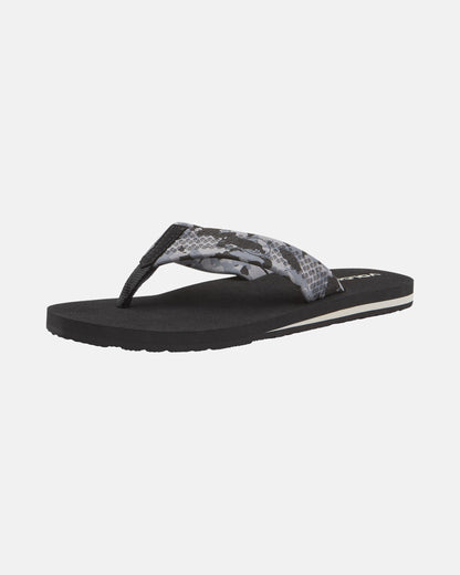 The Volcom Men's Daycation 2 sandal features a thick, textured fabric strap in gray and black snakeskin, plus a plush EVA footbed for all-day comfort. Displayed on a white background.