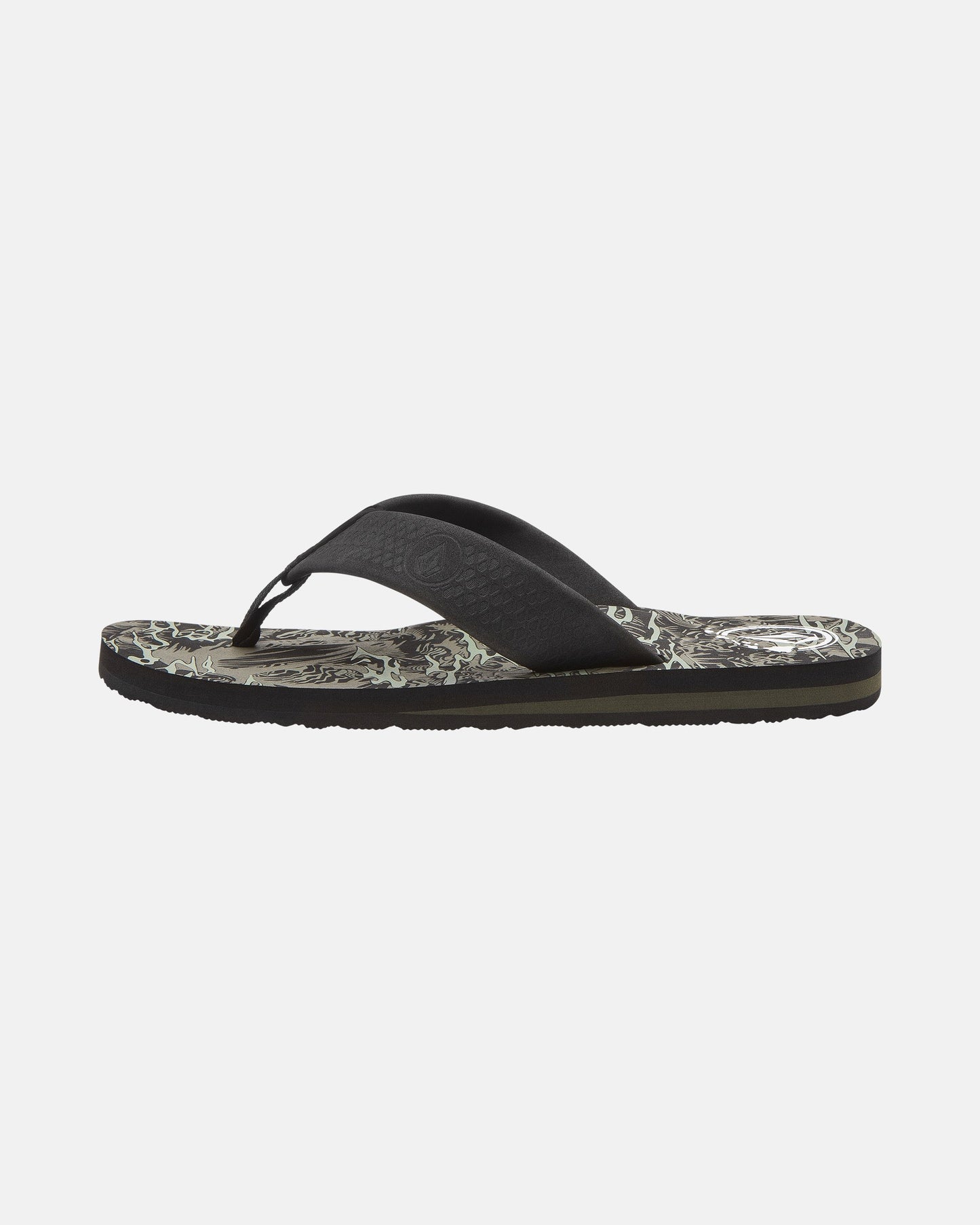 The Volcom Men's Daycation 2 Hawaii Sandal is shown in black with a patterned sole and textured straps, displayed in a side profile view on a plain white background.