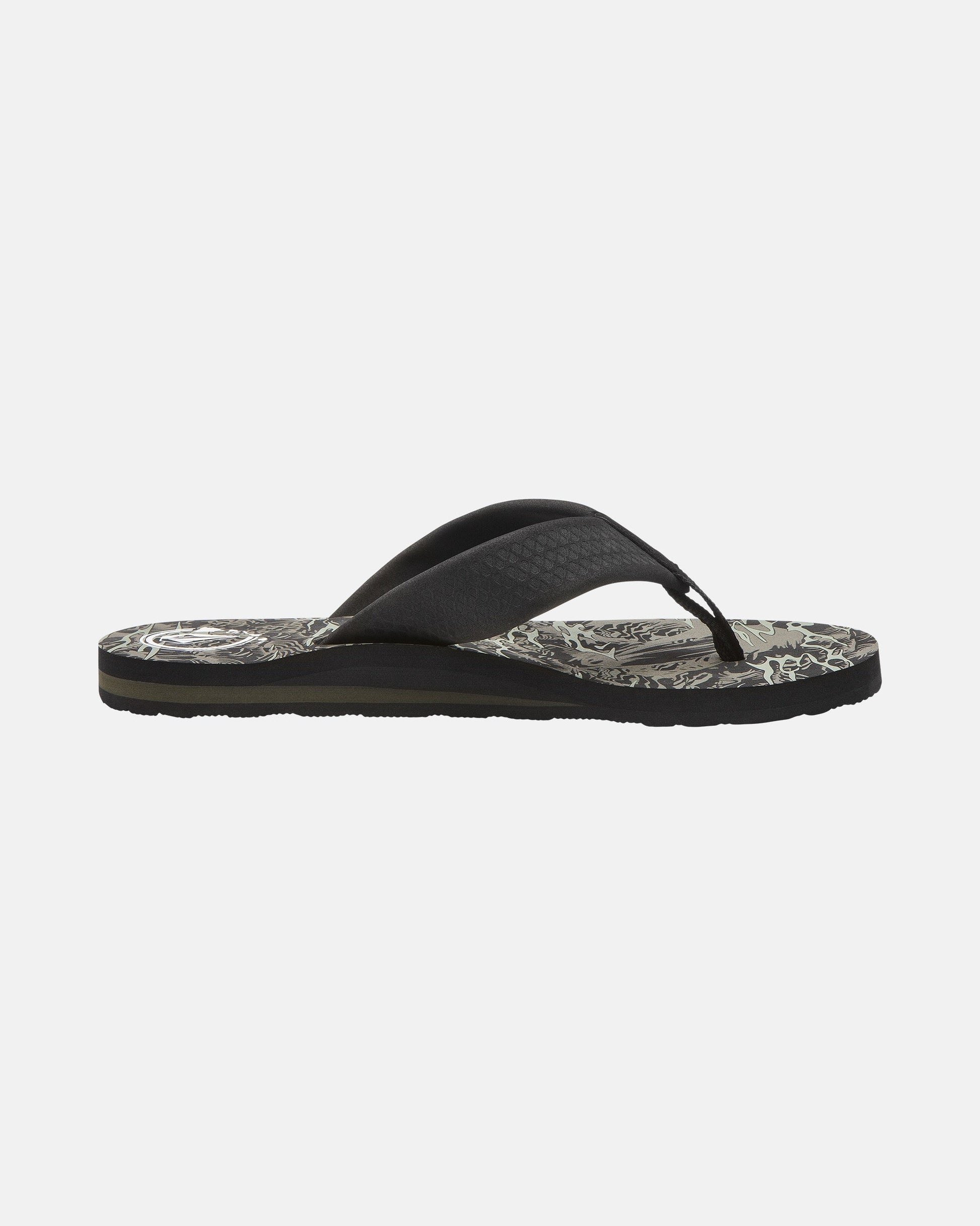 The Volcom Men's Daycation 2 Hawaii Sandals are black flip-flops with a patterned, abstract-design sole, shown in side profile against a plain white background.