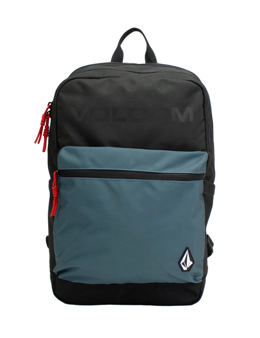 A Volcom Men's School Backpack in black and teal, featuring a front zip pocket, red zipper pulls, and the Volcom logo on the lower right corner, designed with ergonomic straps for comfortable carrying and a padded laptop sleeve for tech protection.
