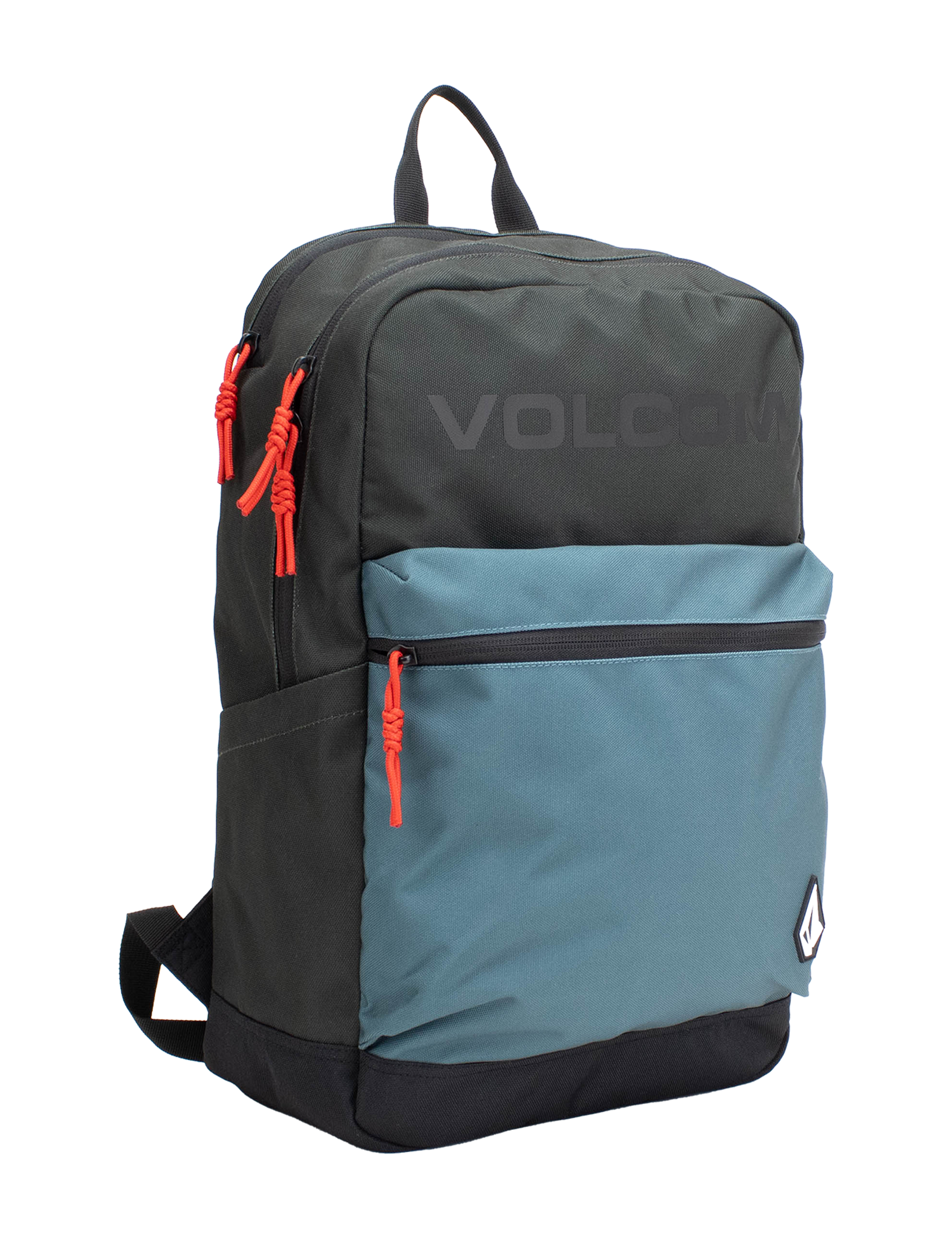 Introducing the Volcom Men's School Backpack in Balsam Green, featuring a black main body, a blue front pocket, and red zipper pulls. A small white Volcom logo accents the lower front, while the brand name is subtly printed near the top. Designed with comfort and practicality in mind, this backpack includes ergonomic straps and a padded laptop sleeve to keep your essentials secure and organized.