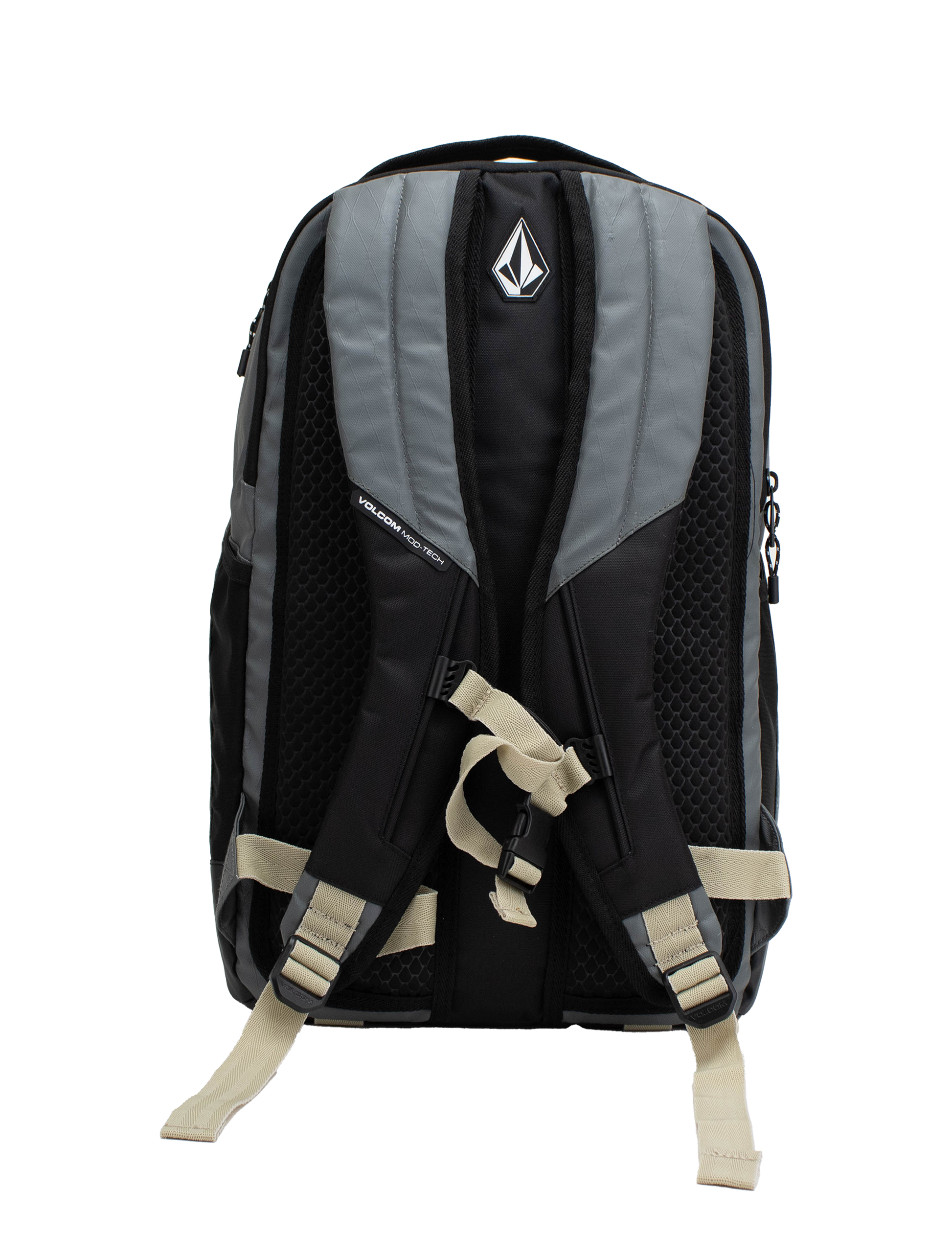The Volcom Men's Venture Backpack in black and gray features padded shoulder straps, a chest strap, and a geometric Volcom logo on the top section. This 22L backpack includes mesh back padding for comfort and a padded laptop sleeve for extra protection. The bag is shown standing upright against a white background.