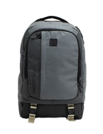 The Volcom Men's Venture Backpack features a gray design with a black bottom, front pocket, side zippers, and beige buckle straps. A small black logo patch accents the upper front. With a 22L capacity and padded laptop sleeve, this backpack offers a simple and functional style ideal for everyday use.