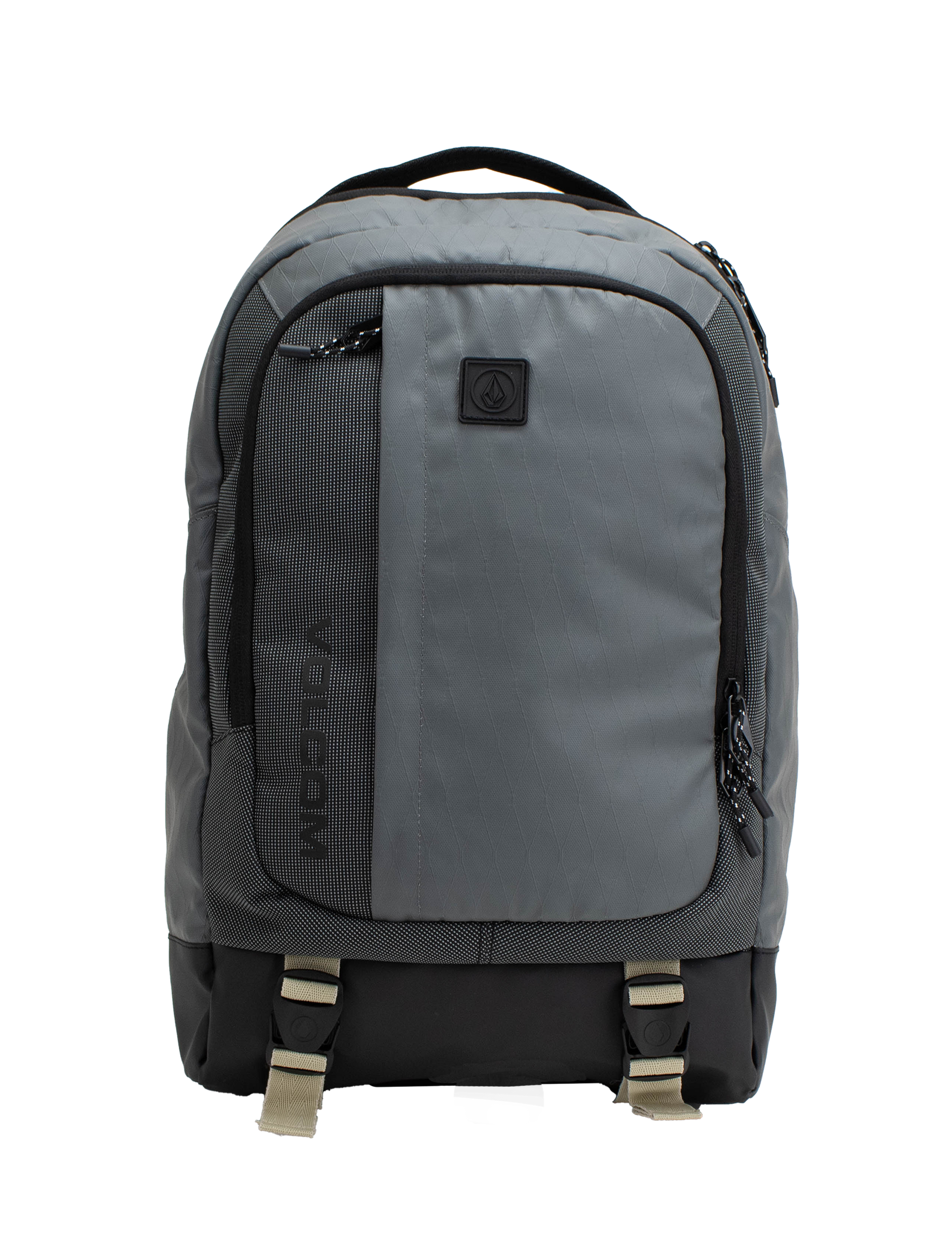 The Volcom Men's Venture Backpack features a gray design with a black bottom, front pocket, side zippers, and beige buckle straps. A small black logo patch accents the upper front. With a 22L capacity and padded laptop sleeve, this backpack offers a simple and functional style ideal for everyday use.