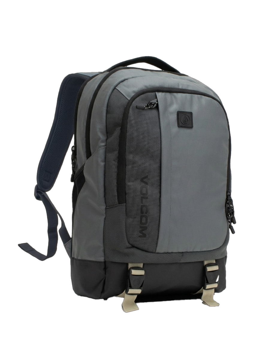 The Volcom Men's Venture Backpack in gray and black offers adjustable straps, multiple zippered compartments, and two buckle closures at the bottom front. With a 22L capacity, this backpack features a padded back, sturdy top handle, and a padded laptop sleeve for added convenience.