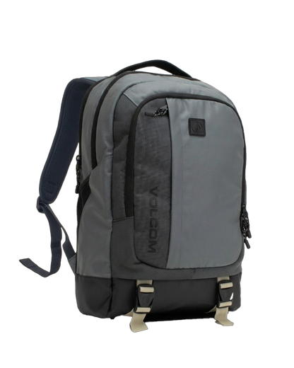 The Volcom Men's Venture Backpack in gray and black offers adjustable straps, multiple zippered compartments, and two buckle closures at the bottom front. With a 22L capacity, this backpack features a padded back, sturdy top handle, and a padded laptop sleeve for added convenience.