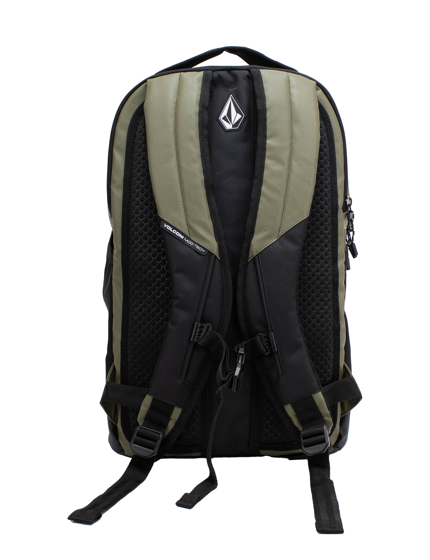 Presenting the Volcom Men's Venture Backpack in black and olive green, featuring padded shoulder straps, mesh backing, and a distinctive geometric logo on the top pocket. This backpack offers a spacious 22L capacity and includes a padded laptop sleeve, shown photographed against a plain white background.
